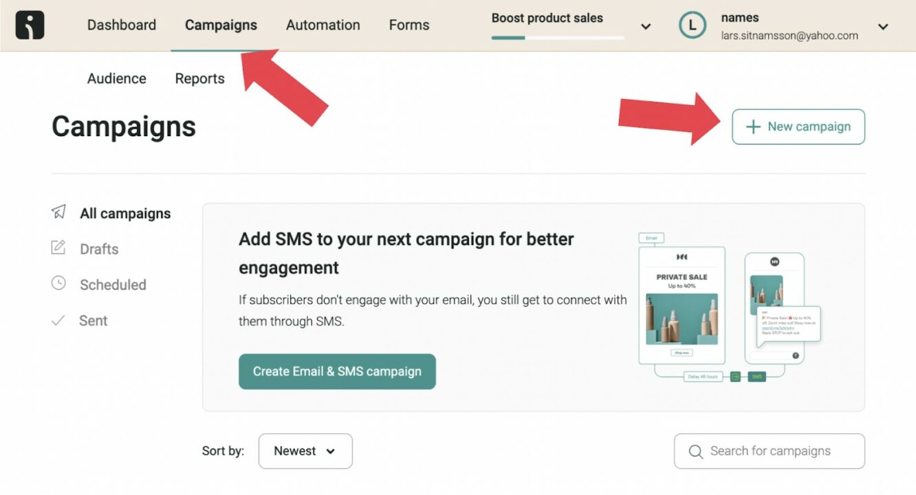 An option to add a new campaign in the Omnisend dashboard for a new email prehead