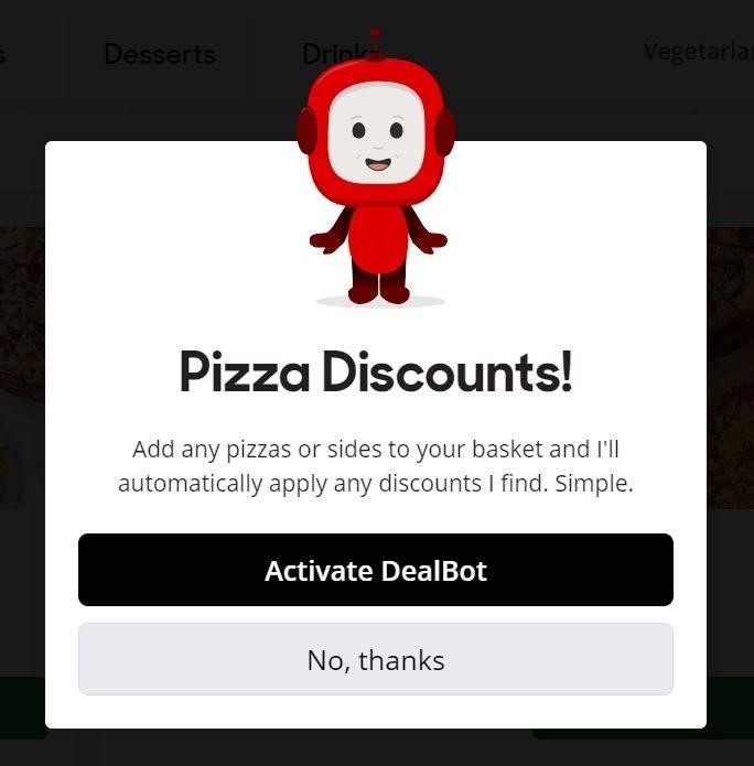 an offer to activate pizza discounts with a DealBot