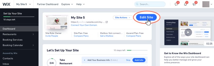 Wix account and website dashboard