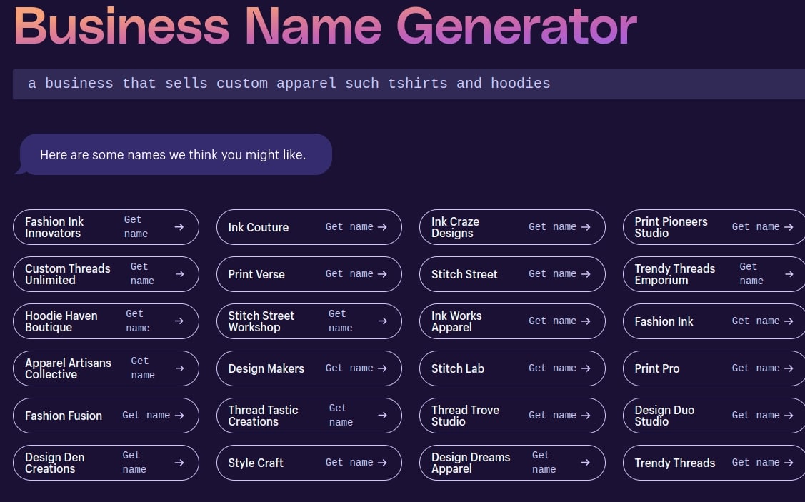 Business name generator tool on Shopify