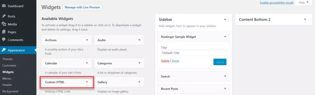 Hostinger WordPress custom HTML