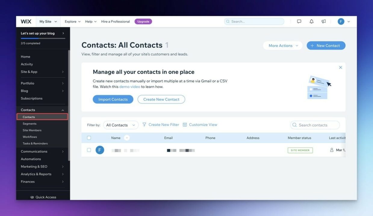 Contacts section in the Wix dashboard for popup testing