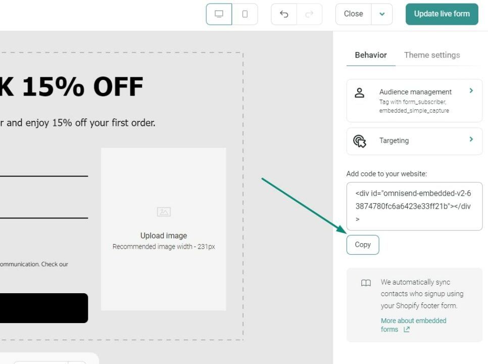 Omnisend embedded code snippet for your form