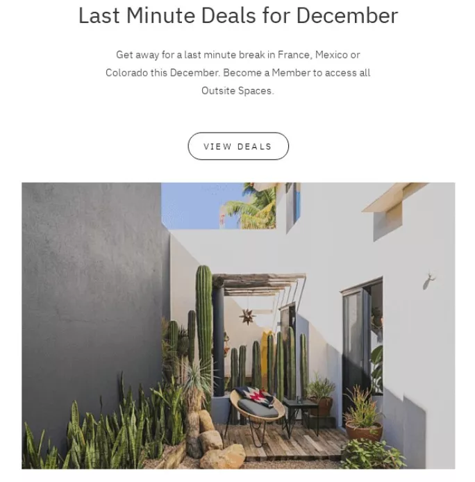 holiday email by Outsite offering last-minute deals for December