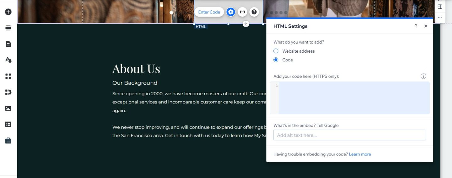 Wix HTML settings window