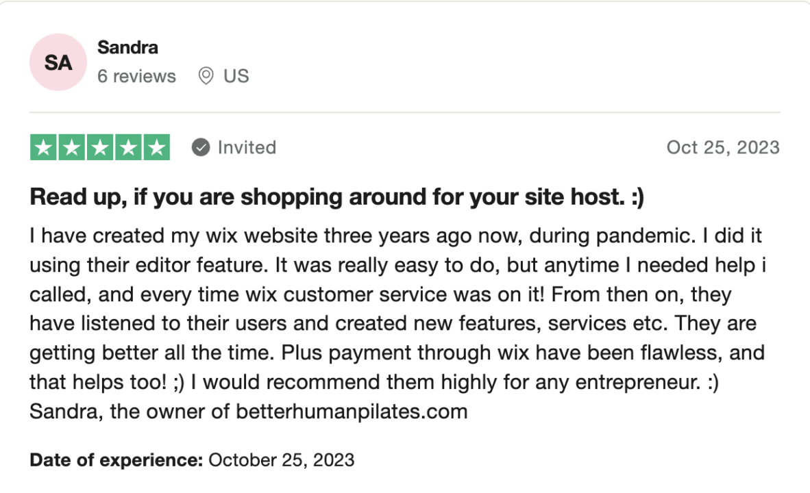 Positive Wix review by customer