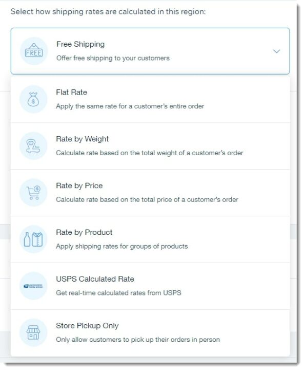 Shipping rates selection on Wix