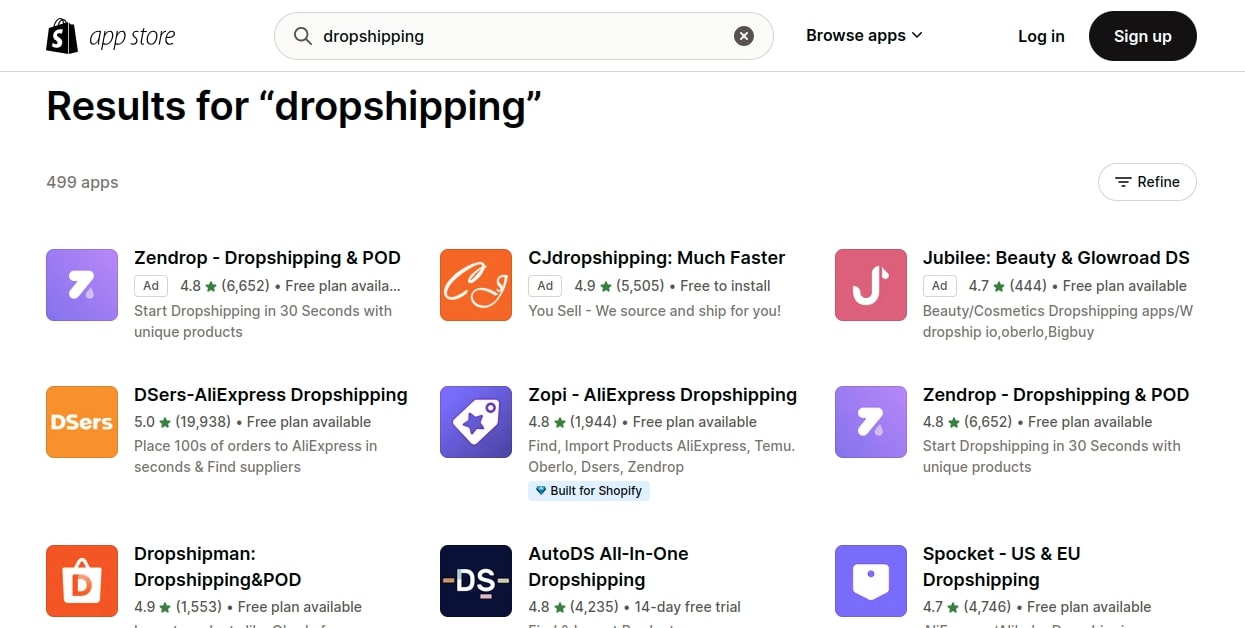 search results for the term “dropshipping” on the app store. 