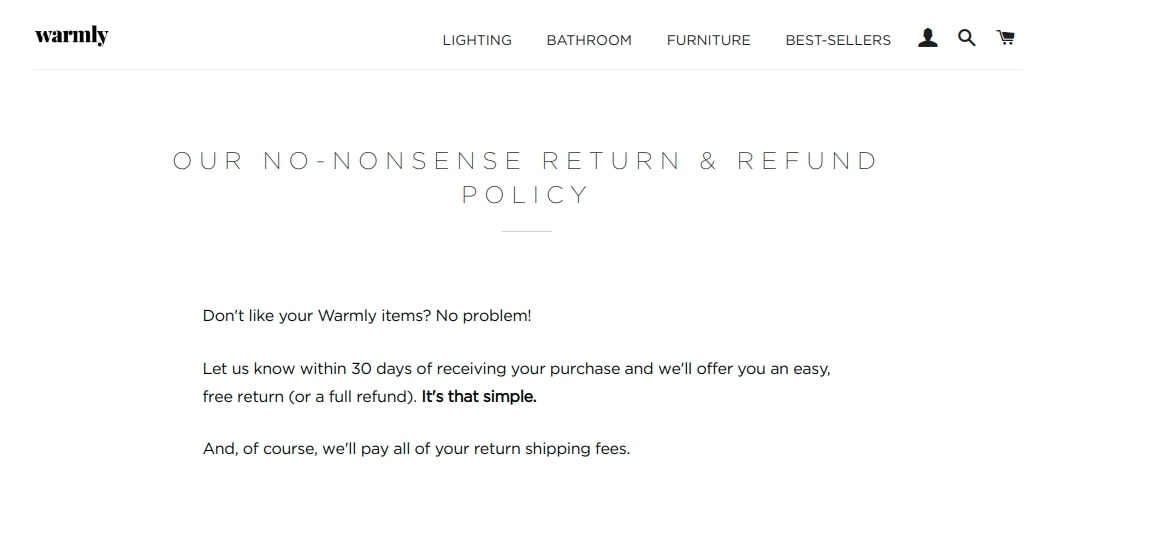A no-nonsense return policy on Warmly's website