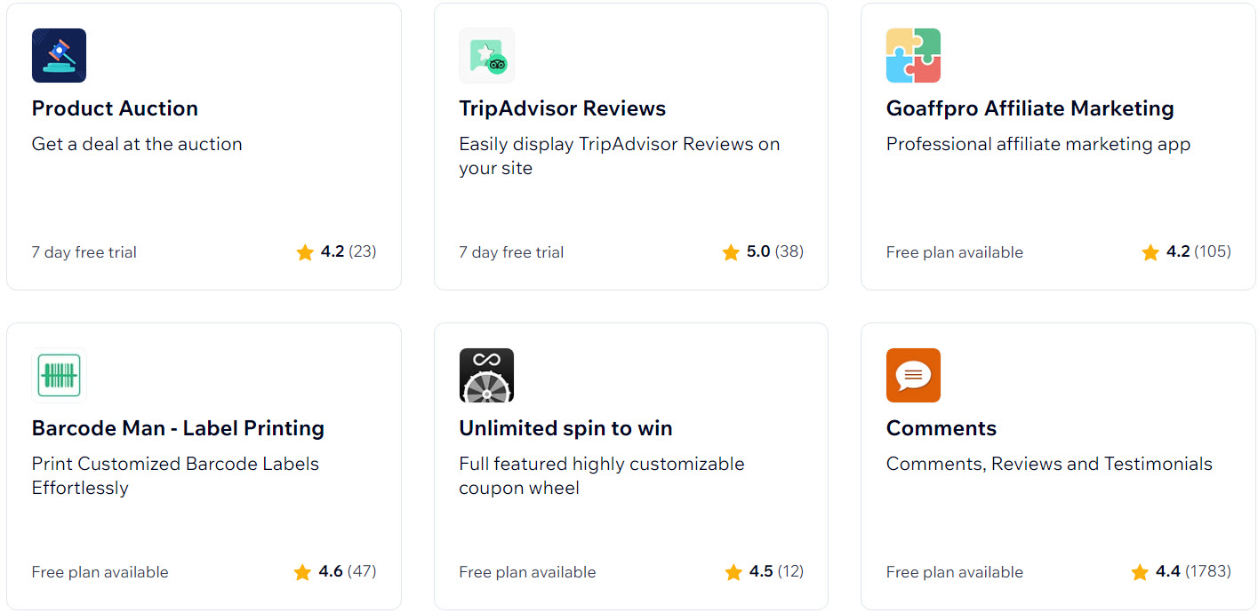 six app icons on Wix app market web page