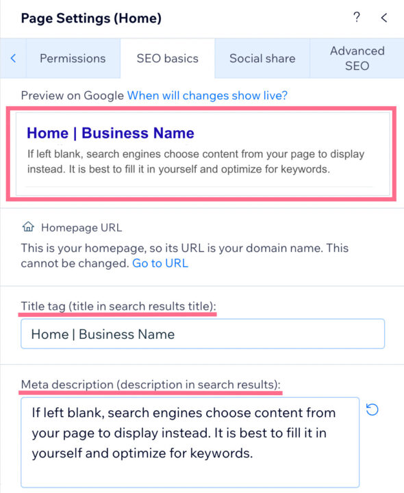 A page setting webpage with the home / business name highlighted.
