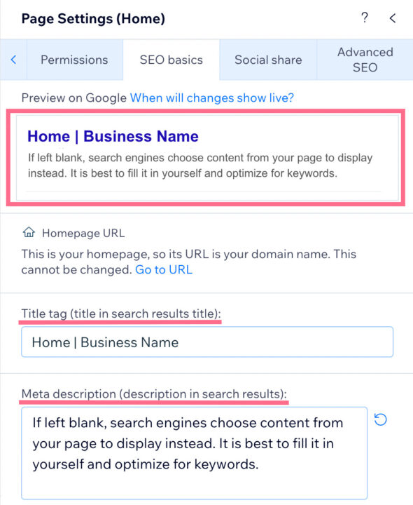 A page setting webpage with the home / business name highlighted.