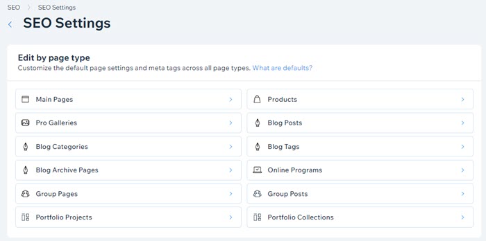 Wix eCommerce SEO tools including customizable URLs, meta titles, and meta descriptions.
