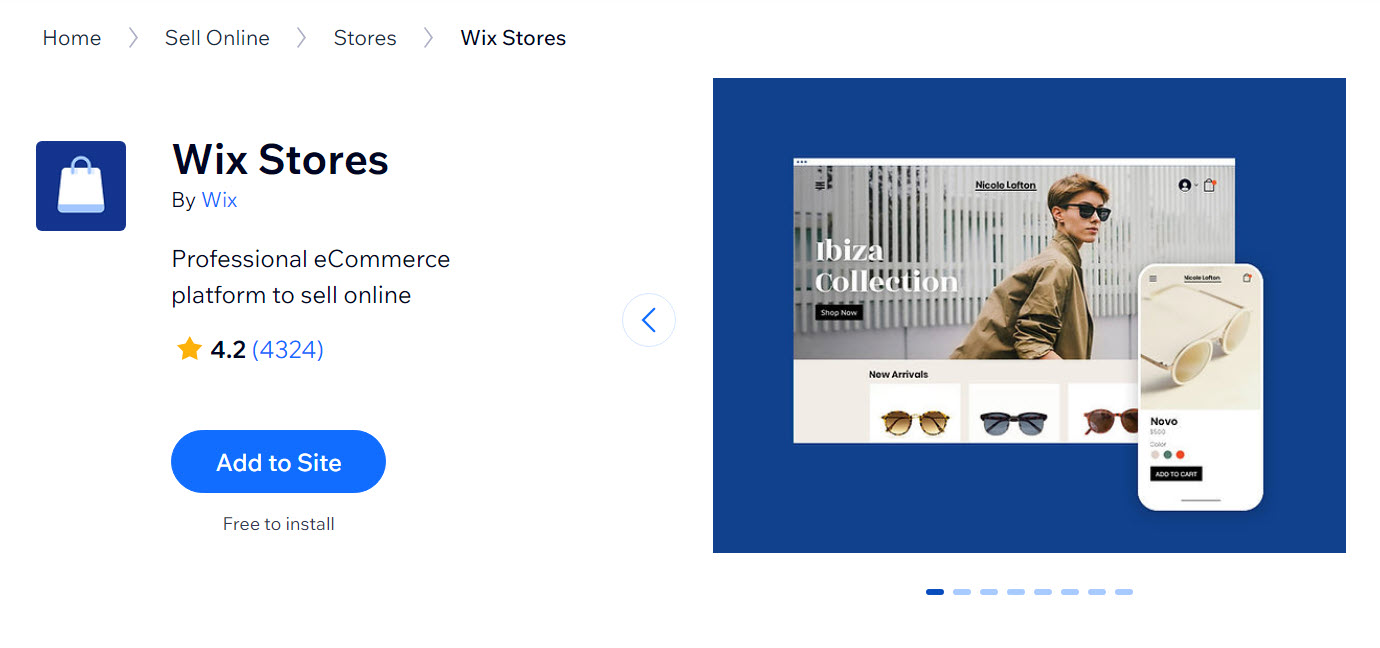 A wix stores web page with a picture of a man in sunglasses
