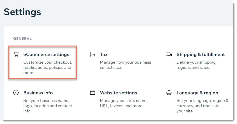 Settings section of a website with the topic of eCommerce setting highlighted