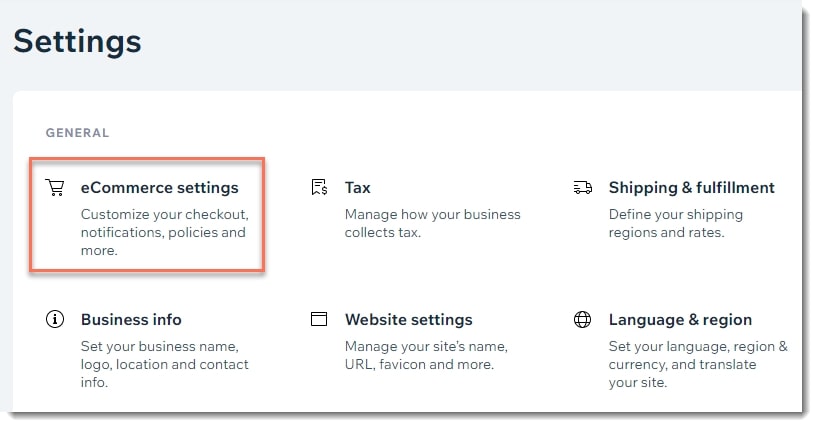 Settings section of a website with the topic of eCommerce setting highlighted
