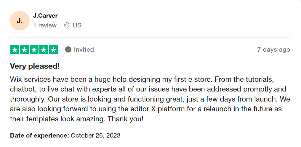 A review from a customer on Wix website