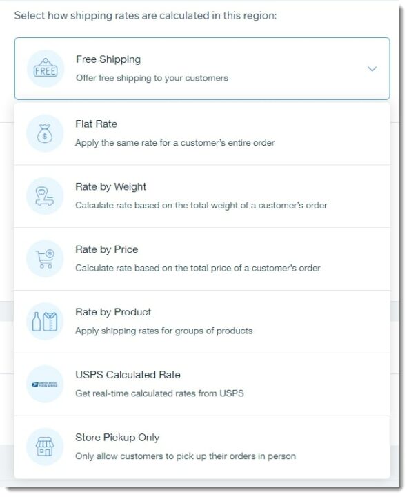 Wix customizable shipping options selection