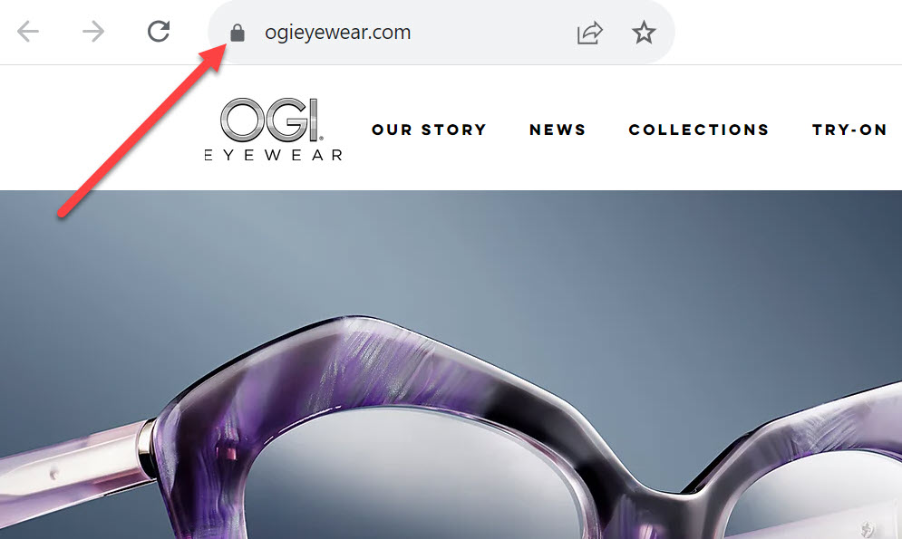 A banner of a pair of purple sunglasses, and a red arrow pointing to a webpage address
