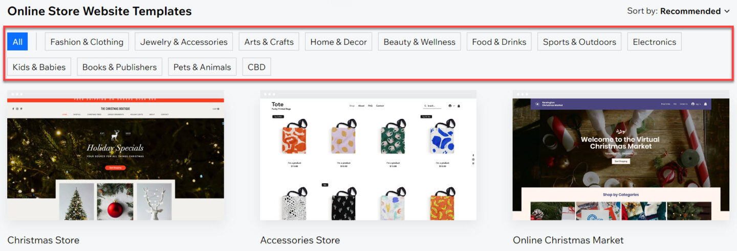 An example of Wix eCommerce provision of a variety of designs