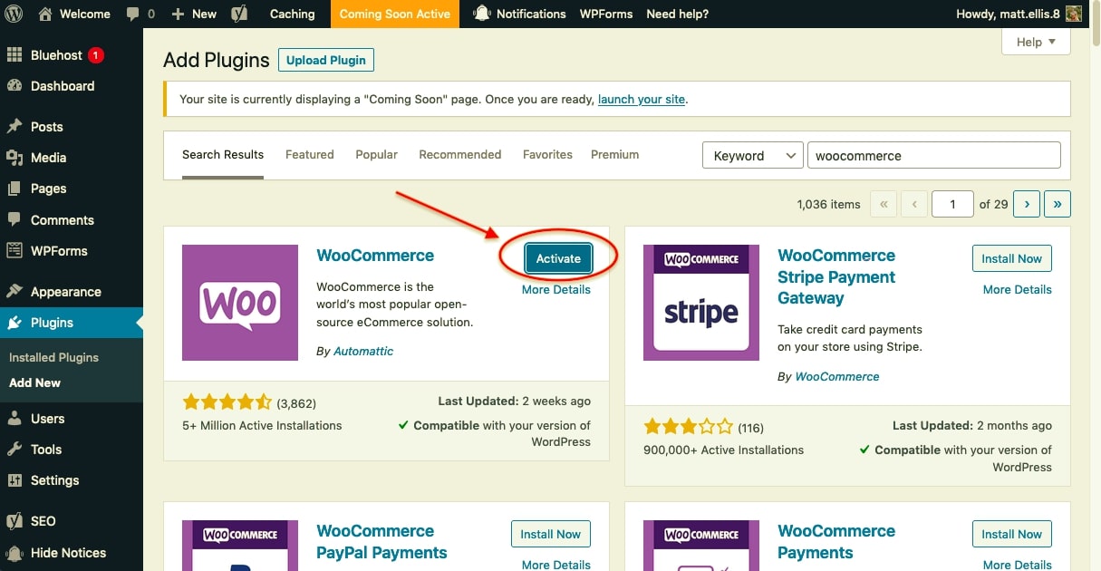 A screenshot of a wordpress web page with the active button highlighted on the plugins menu
