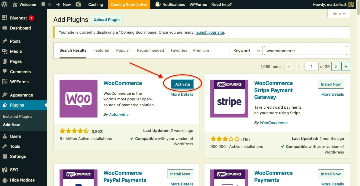 A screenshot of a wordpress web page with the active button highlighted on the plugins menu
