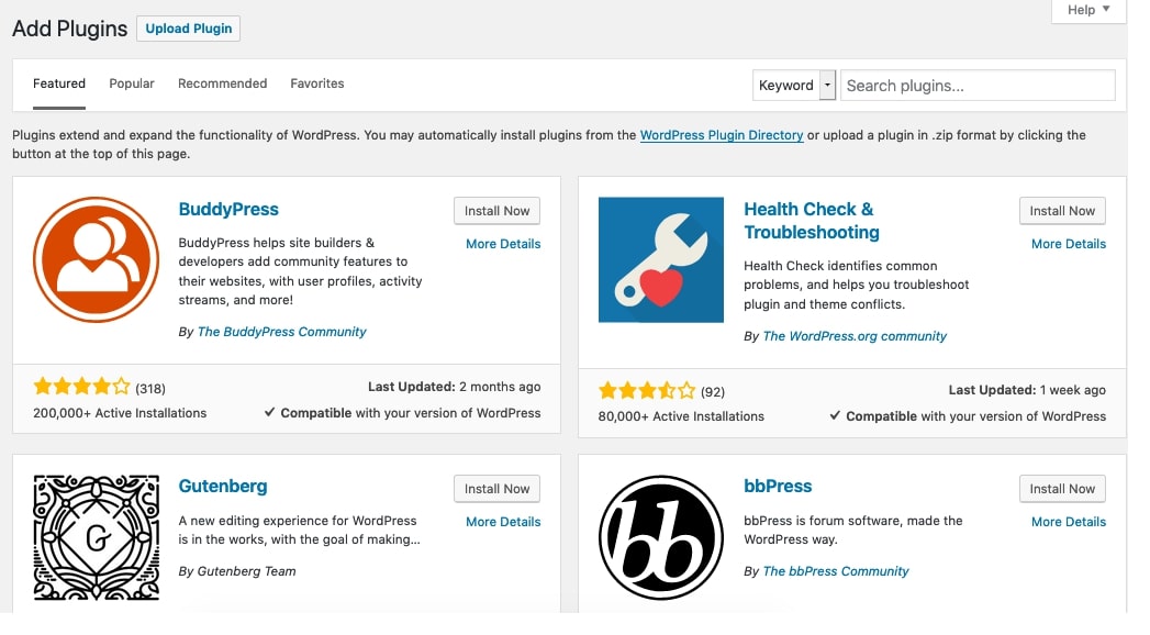 Wordpress website with several different logos in the add plugins section
