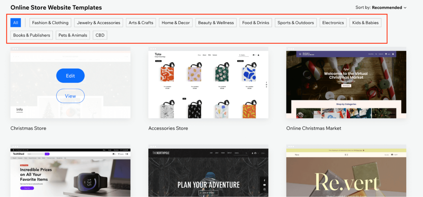 An example of Wix eCommerce provision of a variety of designs