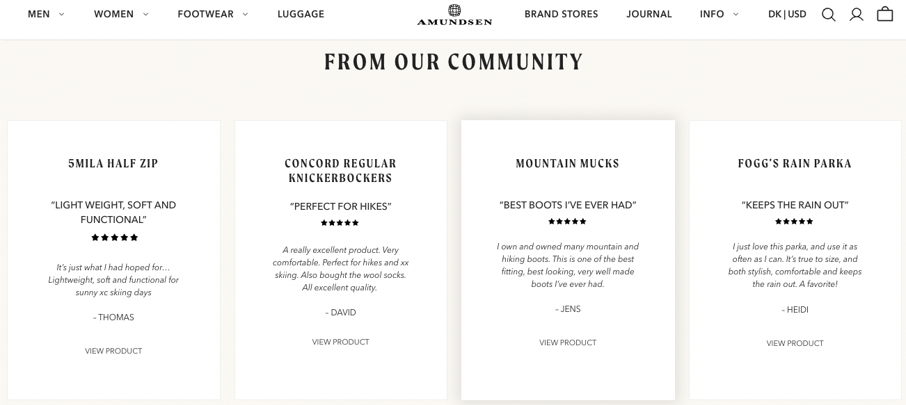 Amundsen sports - text customer testimonials on a website