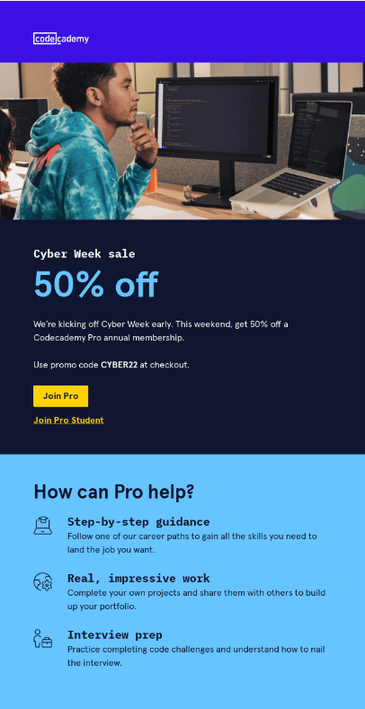 codeacademy cyber monday email example