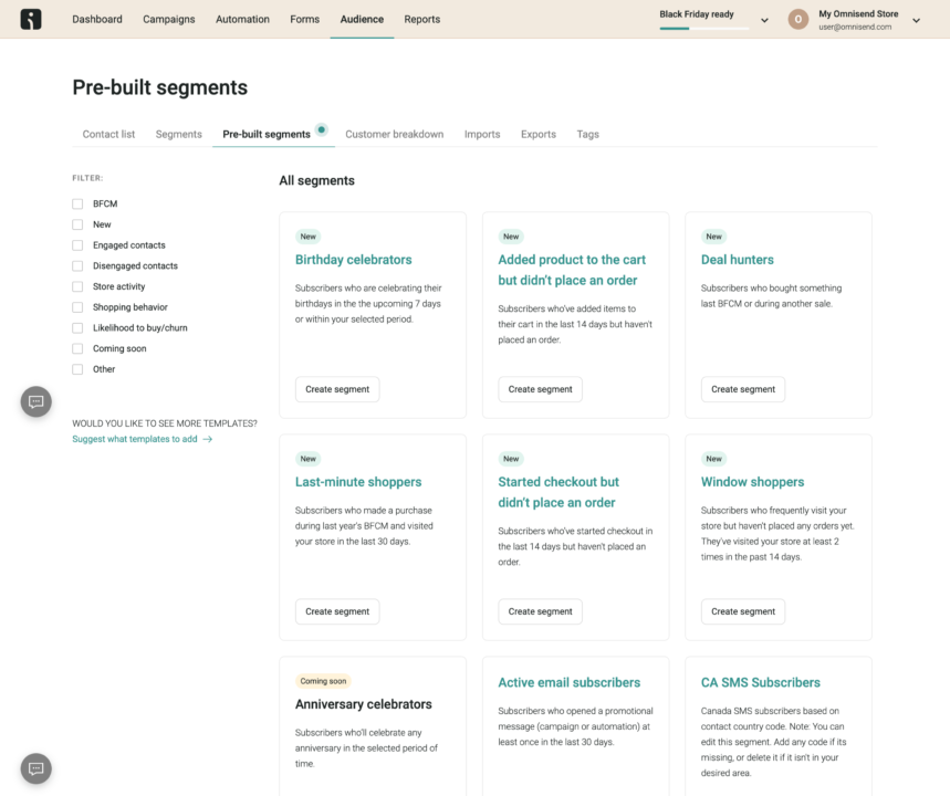 Pre-built segments on Omnisend