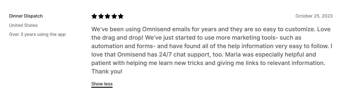 a customer review on Omnisend site