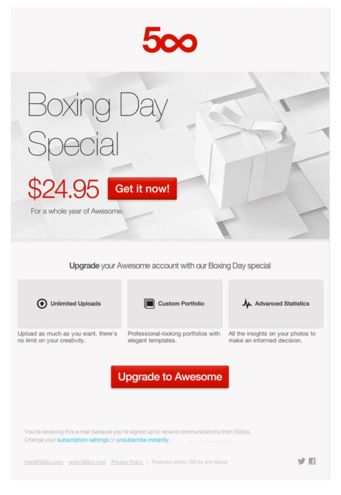 Boxing Day email marketing campaign for 500px