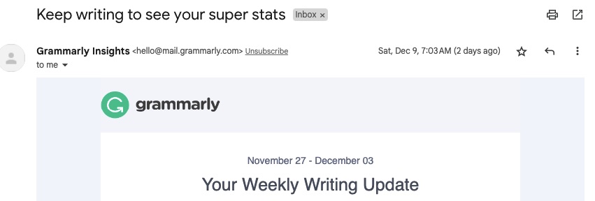 A catchy subject line example by Grammarly