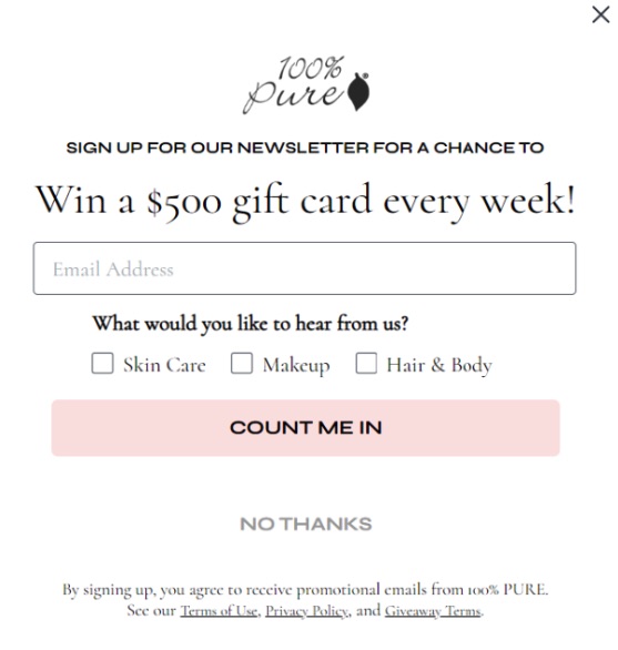 Email popup by 100% Pure