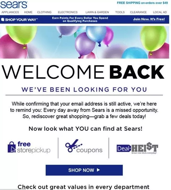 An example of a win-back email from Sears