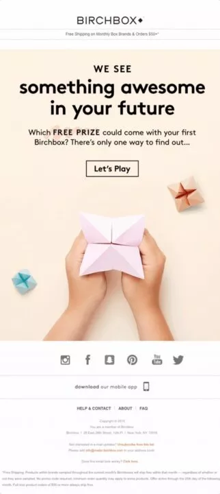 Um ótimo exemplo de e-mail teaser da Birchbox