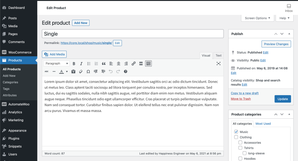 Wordpress edit product section 