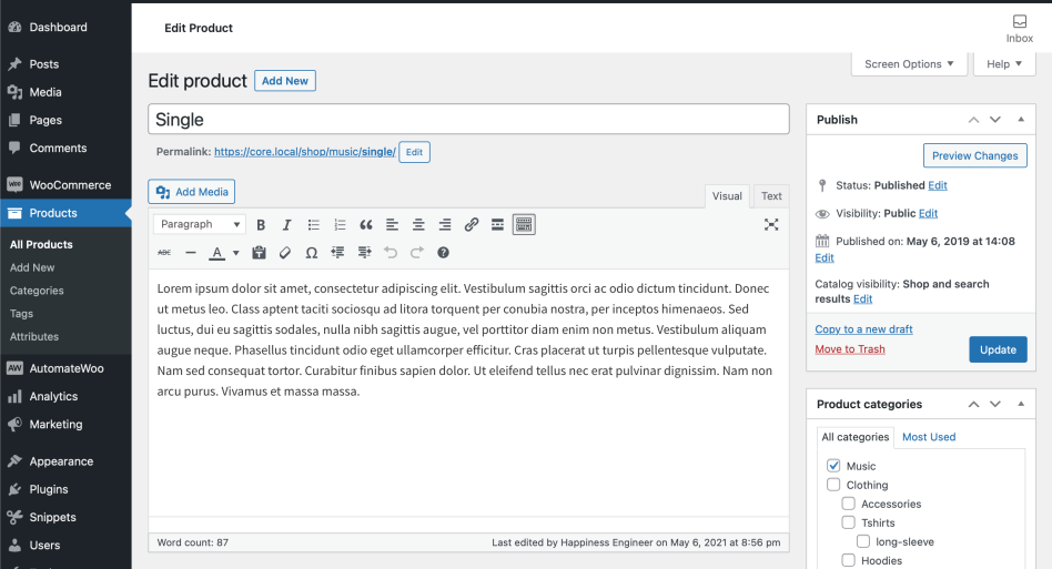 Wordpress edit product section
