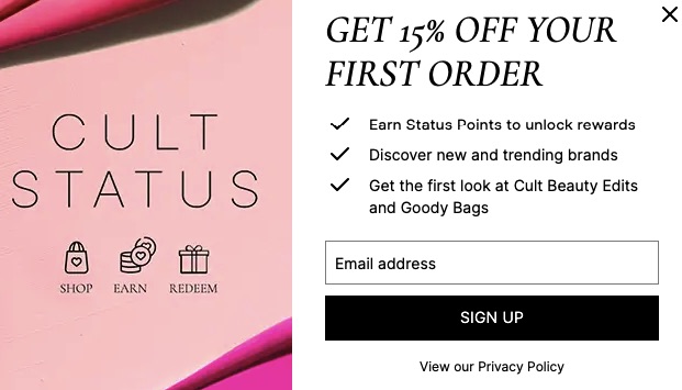 Pop-up de e-mail da Cult Beauty