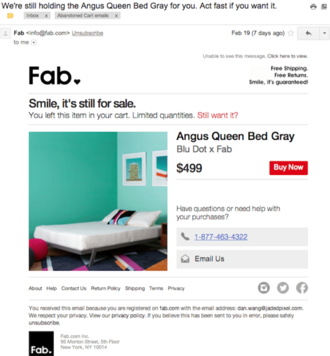 an example of a cart abandonment dropshipping email from Fab