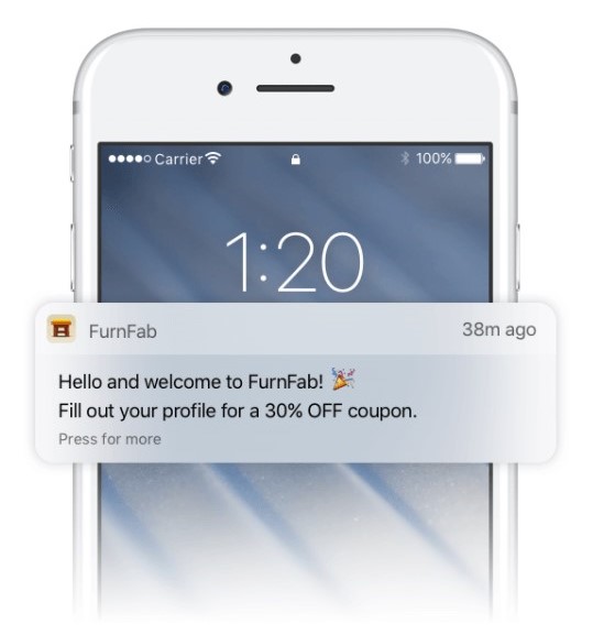 an example of a push notification -welcome discount 