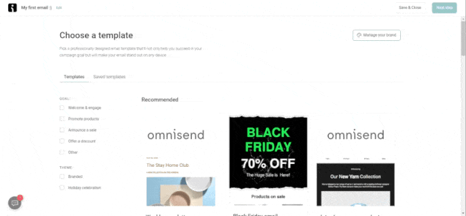 Email choice in Omnisend email builder