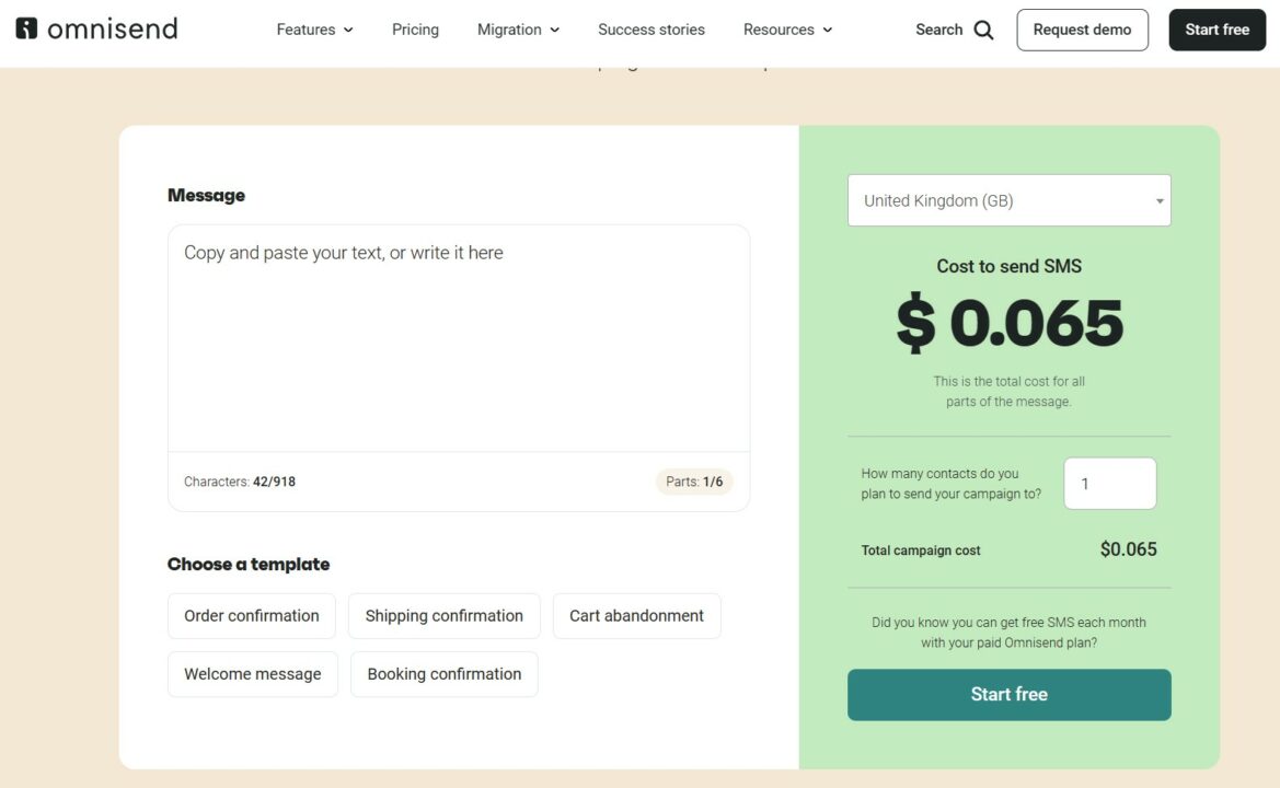 Omnisend's SMS calculator