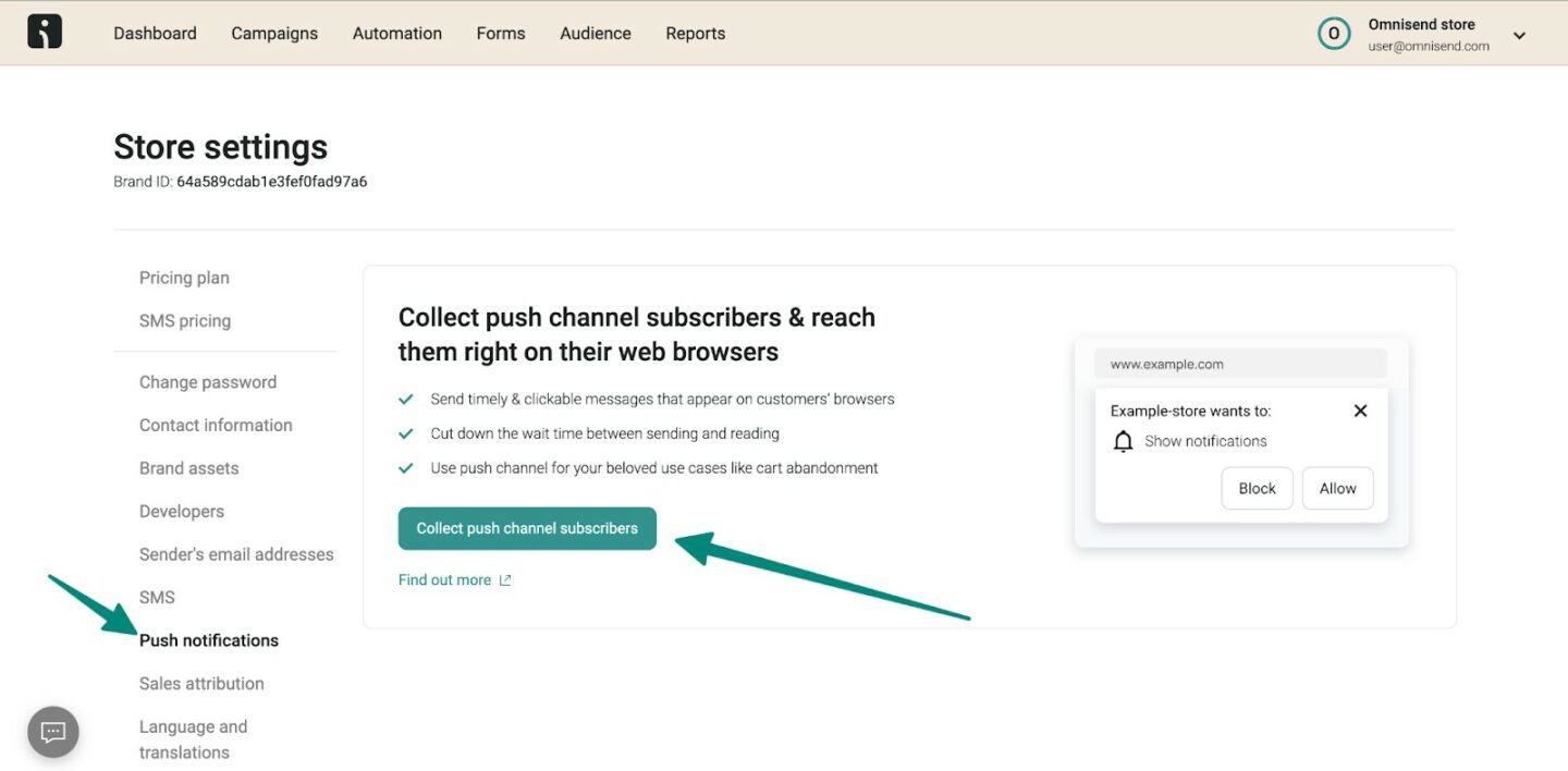 Omnisend option to enable push notifications
