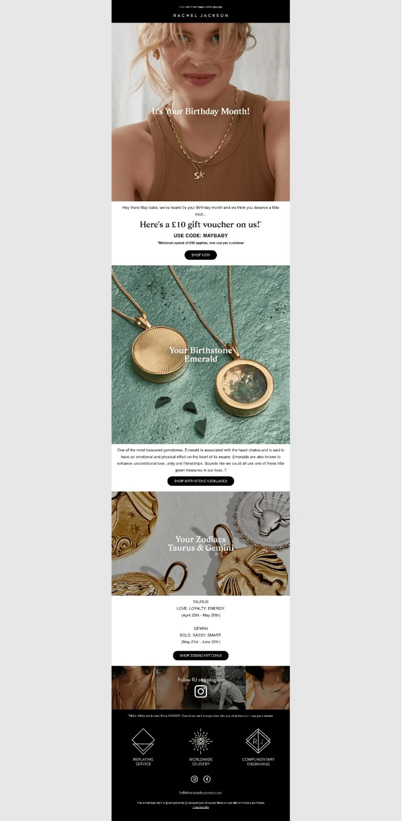 Email personalization: A jewelry brand email features a smiling woman wearing a necklace, offers a £10 birthday voucher, showcases close-ups of gold birthstone pendants, and includes links to shop and social media at the bottom.