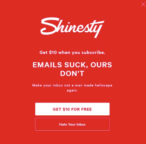 Pop-up de e-mail da Shinesty