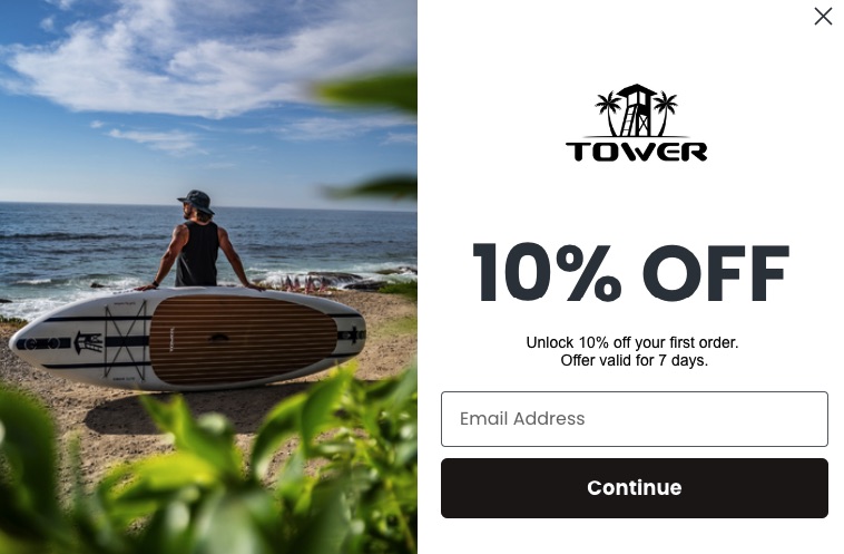 Email popup by Tower Paddle Boards