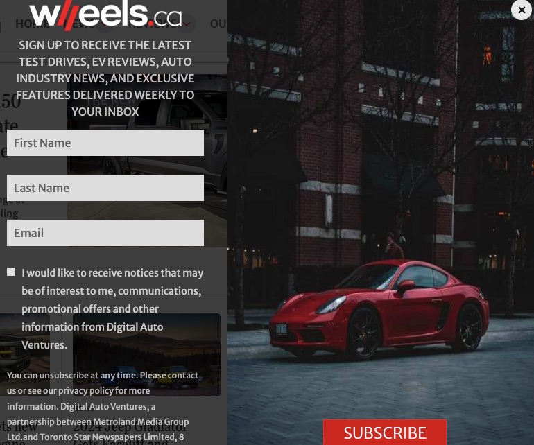 Email popup by Wheels.ca