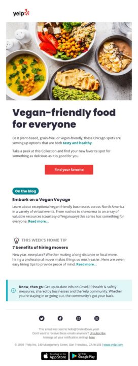 Newsletter idea for Vegan Cuisine Month by Yelp